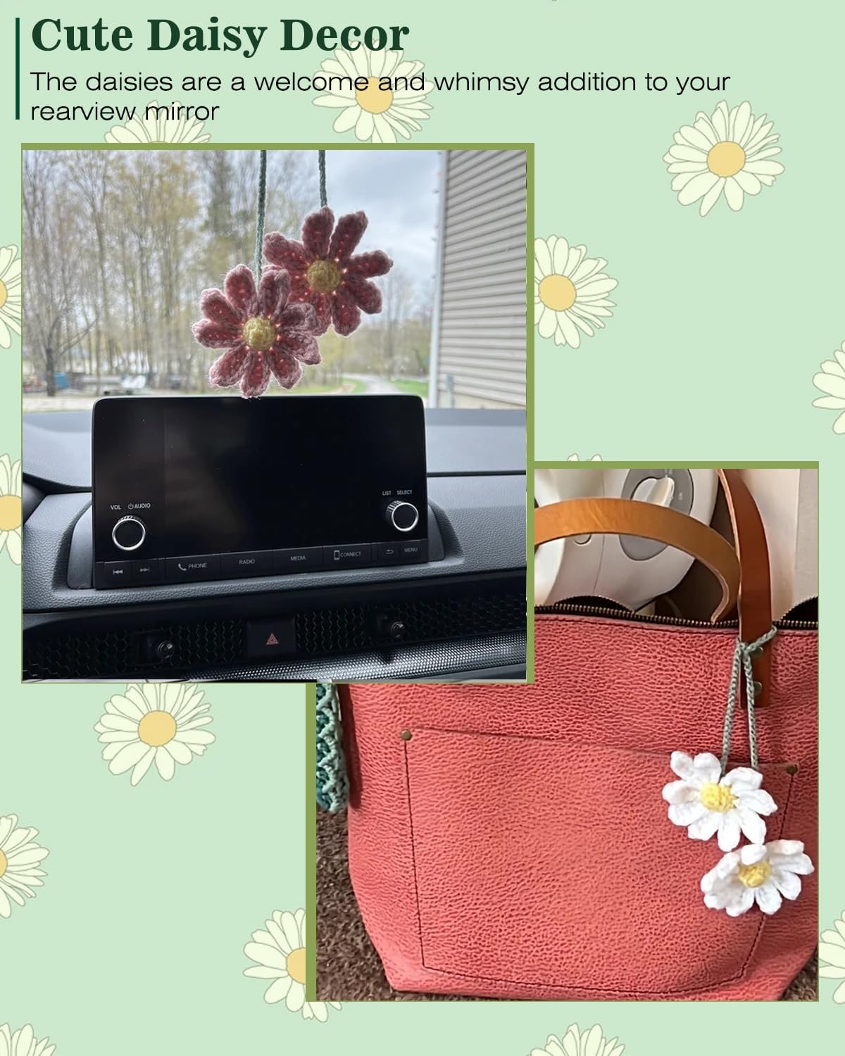 Women's Crochet Daisies Car Accessories Cute Rearview Mirror Pendants Handmade Daisy Flower Gifts Crochet Lovers Car Decoration Car Interior Aesthetics (Pink) — image 3