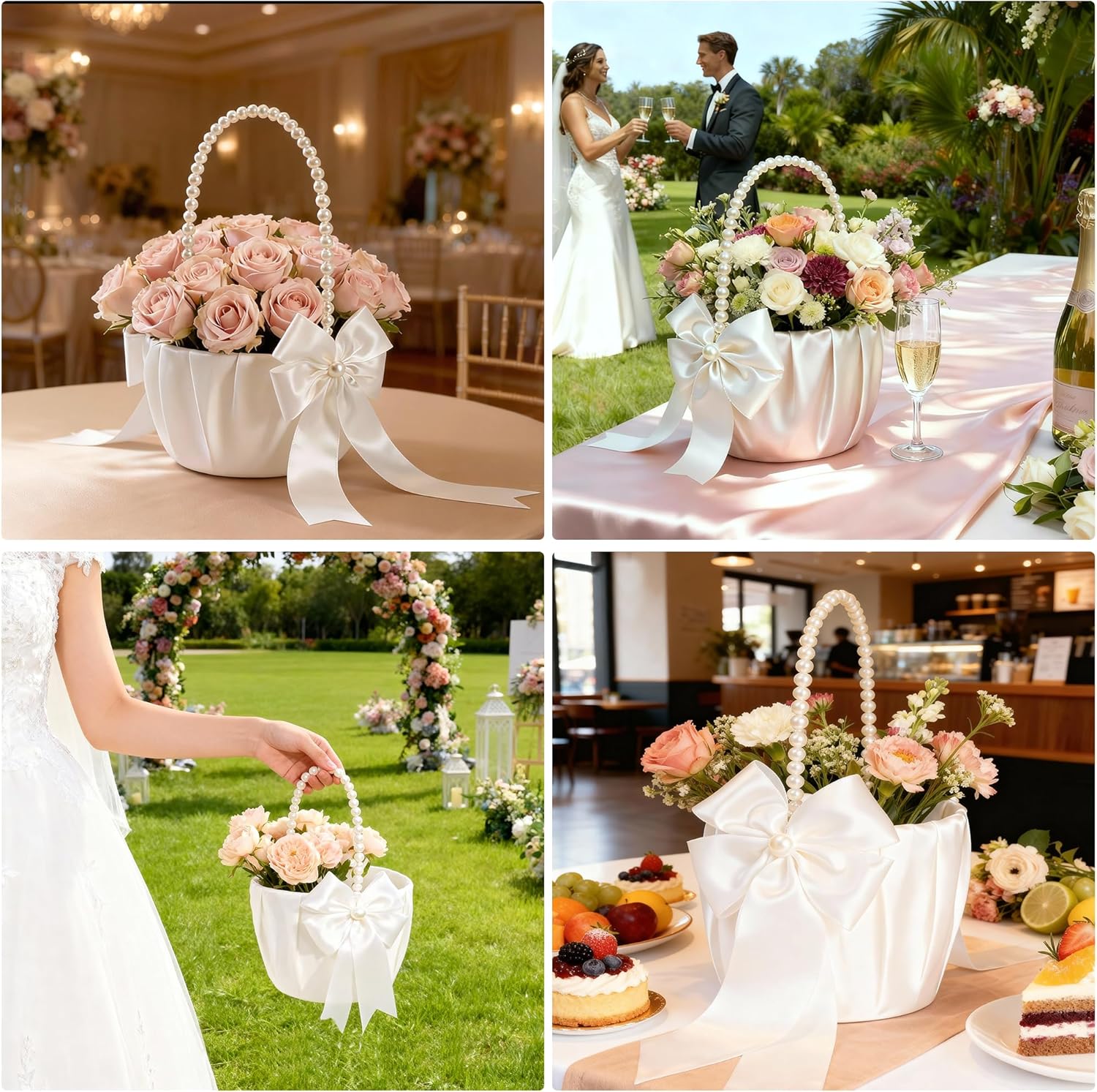 Wedding Flower Girl Basket - Elegant Pearl Handle with Bow Decoration, Ivory Color - 5.1" Diameter, Perfect for Flower Girls, Weddings, and Parties — image 6