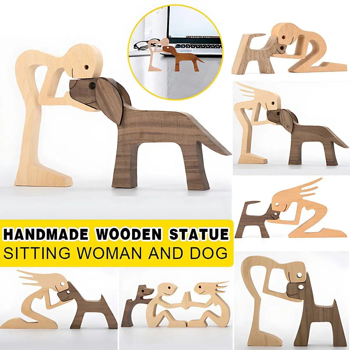 Handmade Wooden Statue Sitting Family and Dog Craft Home Decor - B05 — image 2