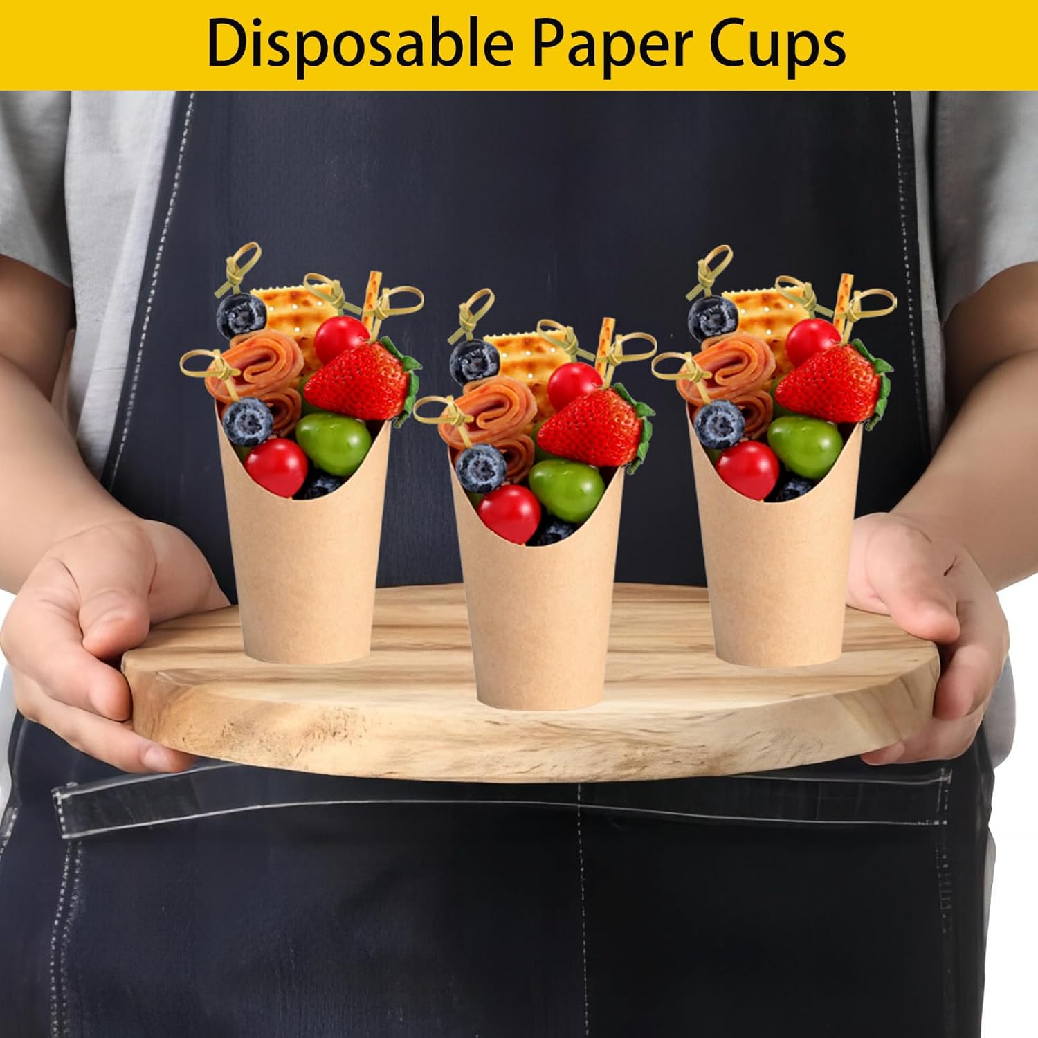 Charcuterie Cups with Cocktail Picks, 12 OZ Paper Appetizer Cups 24 Pcs with 4.7 Inch Bamboo Knot Skewers 100 Pcs, French Fries Holder Cones Brown, Party — image 3
