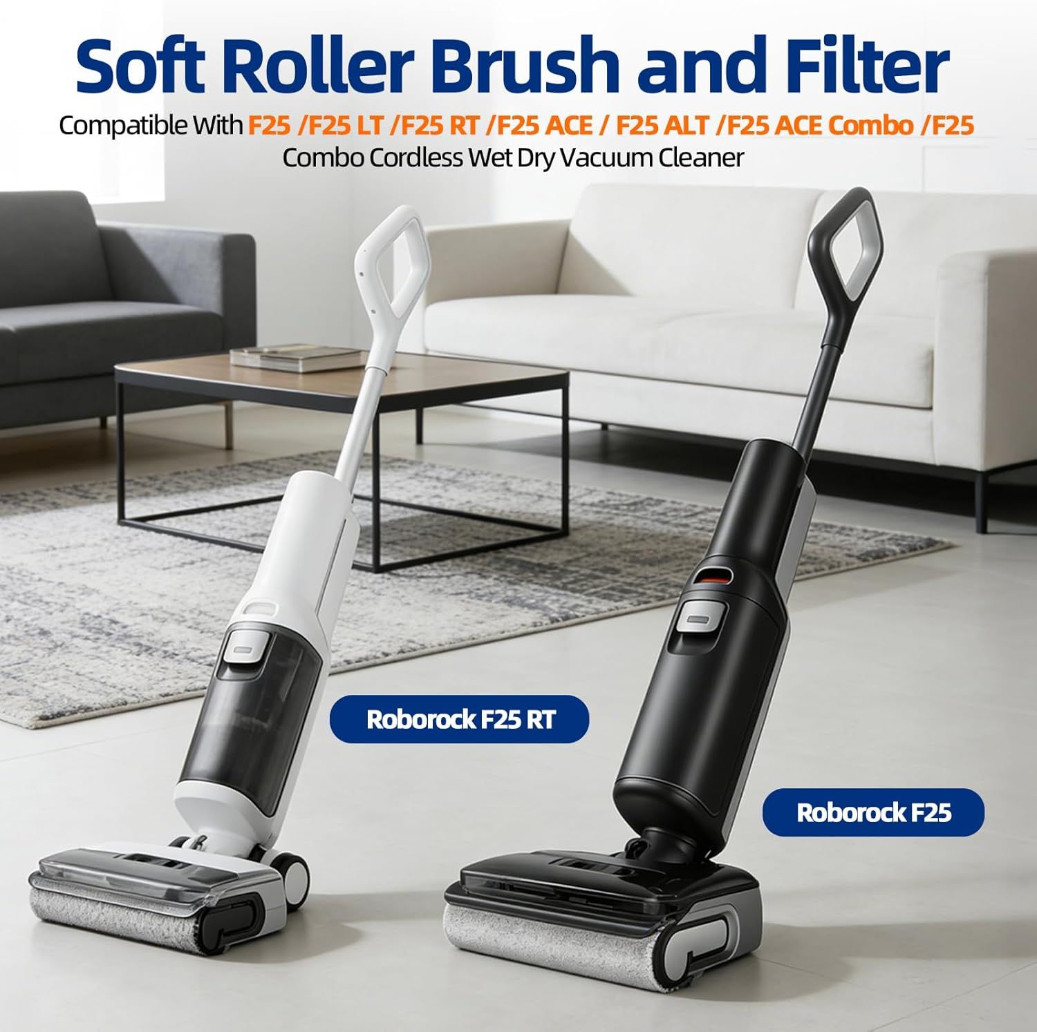 Soft Roller Brush and Vacuum Filter Replacement Compatible with Roborock F25/ F25 ACE/ F25 ALT/ F25 LT/ F25 RT Cordless Wet Dry Vacuum Cleaner, 2 Roller Brush — image 2