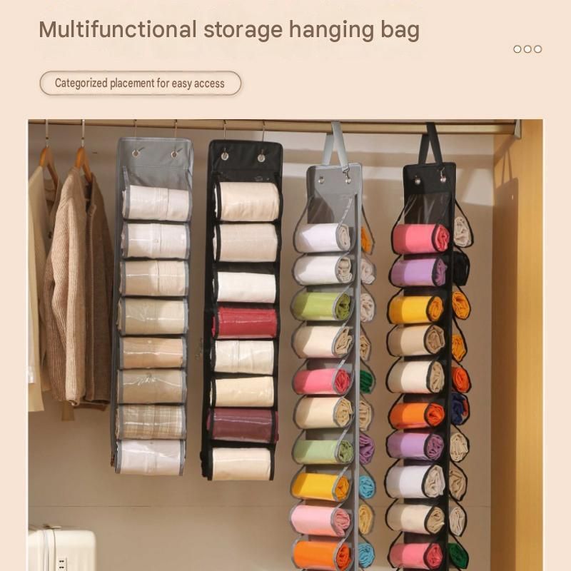 Grey 26-compartment Hanging Clothes Organiser - Double Sided Transparent Wardrobe Storage Bag with Metal Hooks - Space Saving Closet Hanger for Yoga Pants — image 2