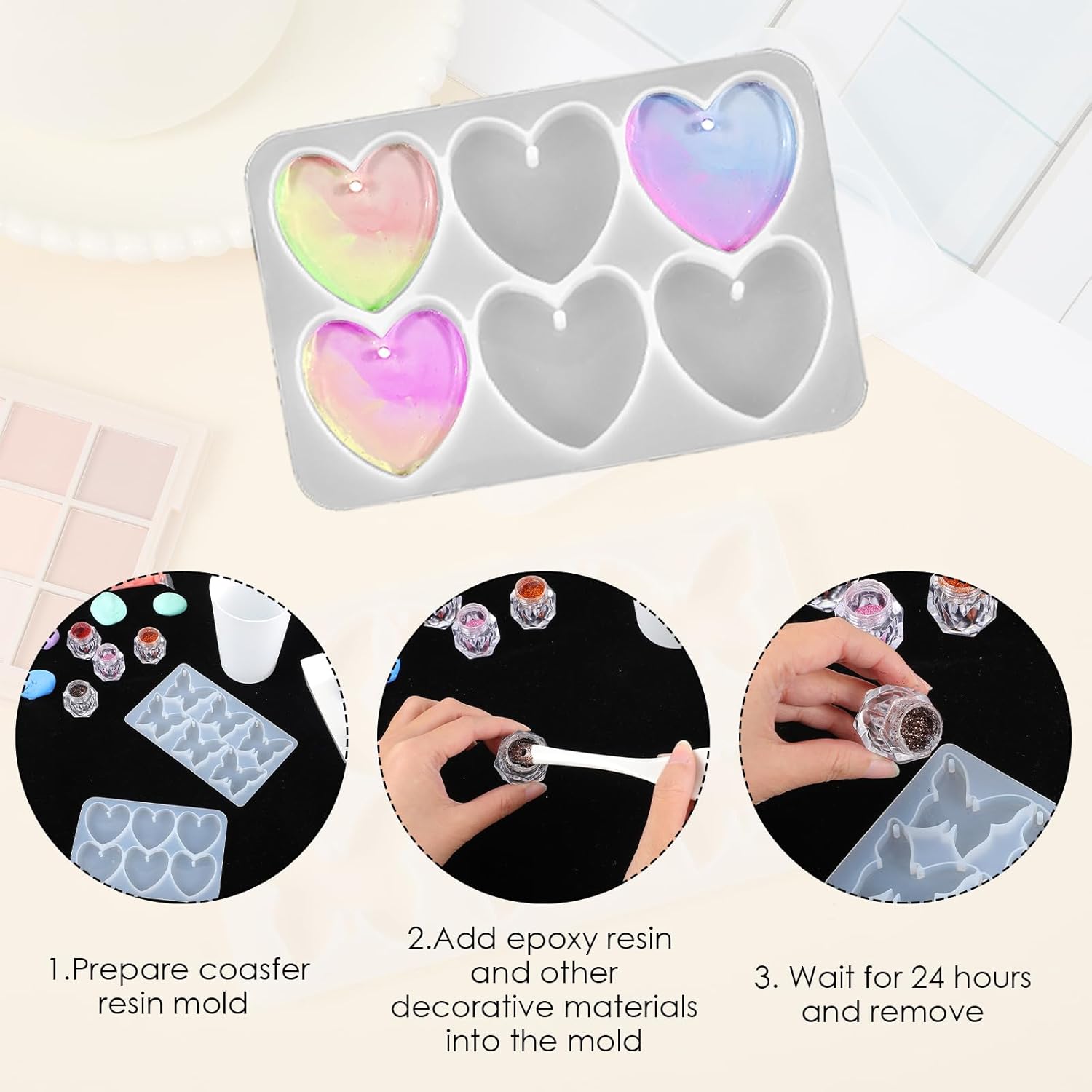 Butterfly Molds Silicone, 2 Pack Fondant Molds 6 Grids Epoxy Resin Mold with Hole Keychain Pendant Mold Heart Shape for DIY Crafts Jewelry Making โ image 4