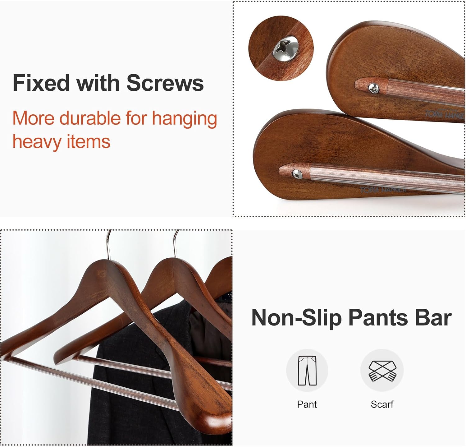 TOPIA HANGER Wide Shoulder Wooden Hangers, Suit Hangers with Non Slip Pants Bar & 360° Swivel Hook, Solid Wood Heavy Duty Coat Hanger, 6 Pack (Walnut)-CT02WA — image 4
