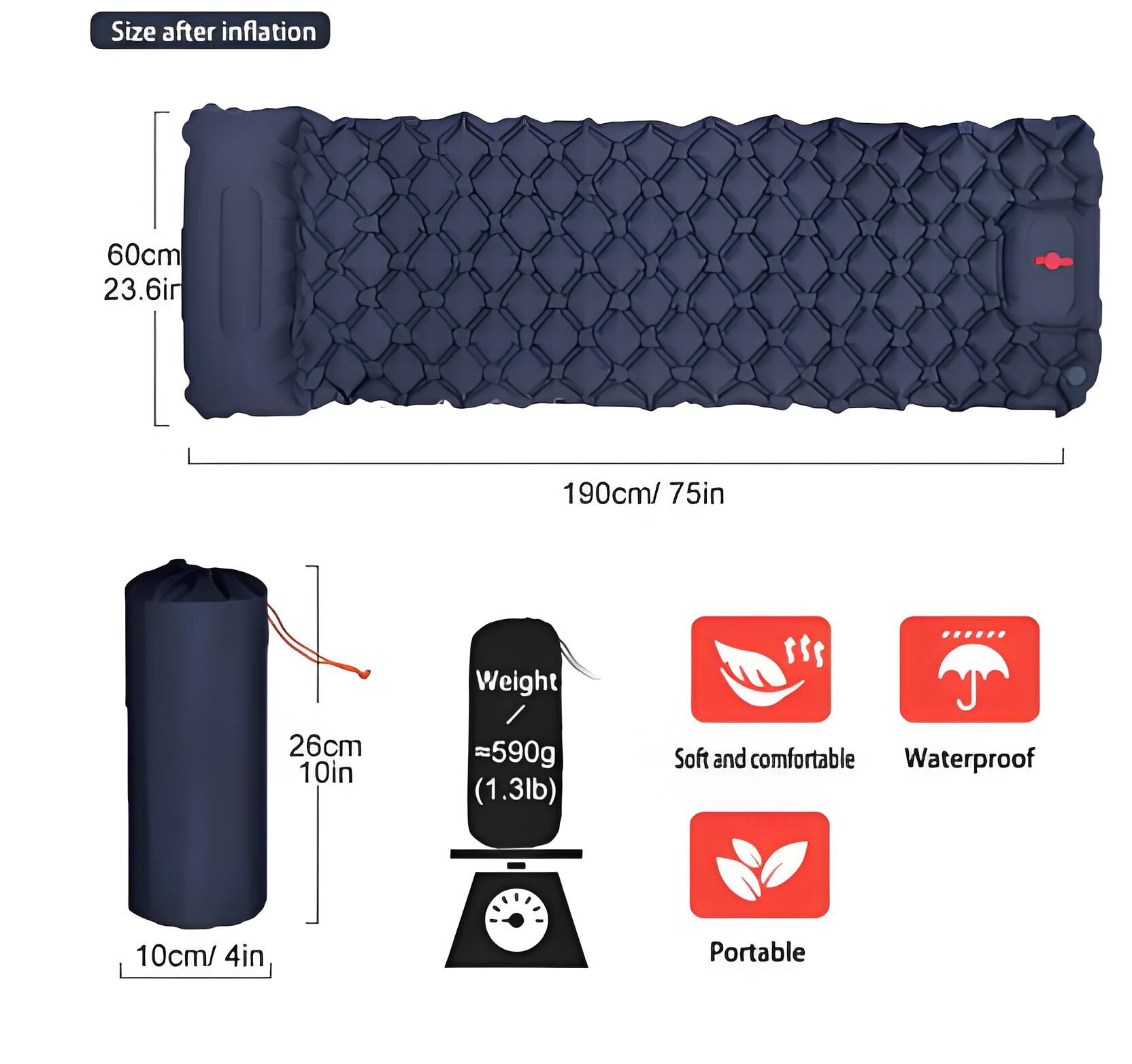 Ultralight Camping Sleeping Pad: Built-in Foot Pump, Integrated Pillow โ Compact, Waterproof for Hiking/Backpacking (Dark Blue) โ image 2