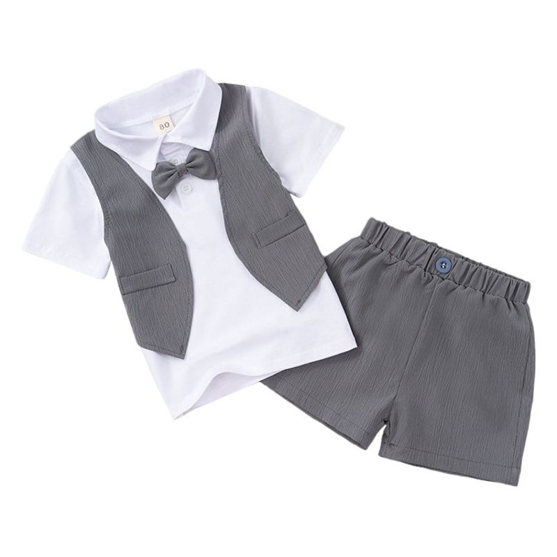 Boys Summer Cotton Suit Short Sleeve Two Piece Set Black 90cm — image 2