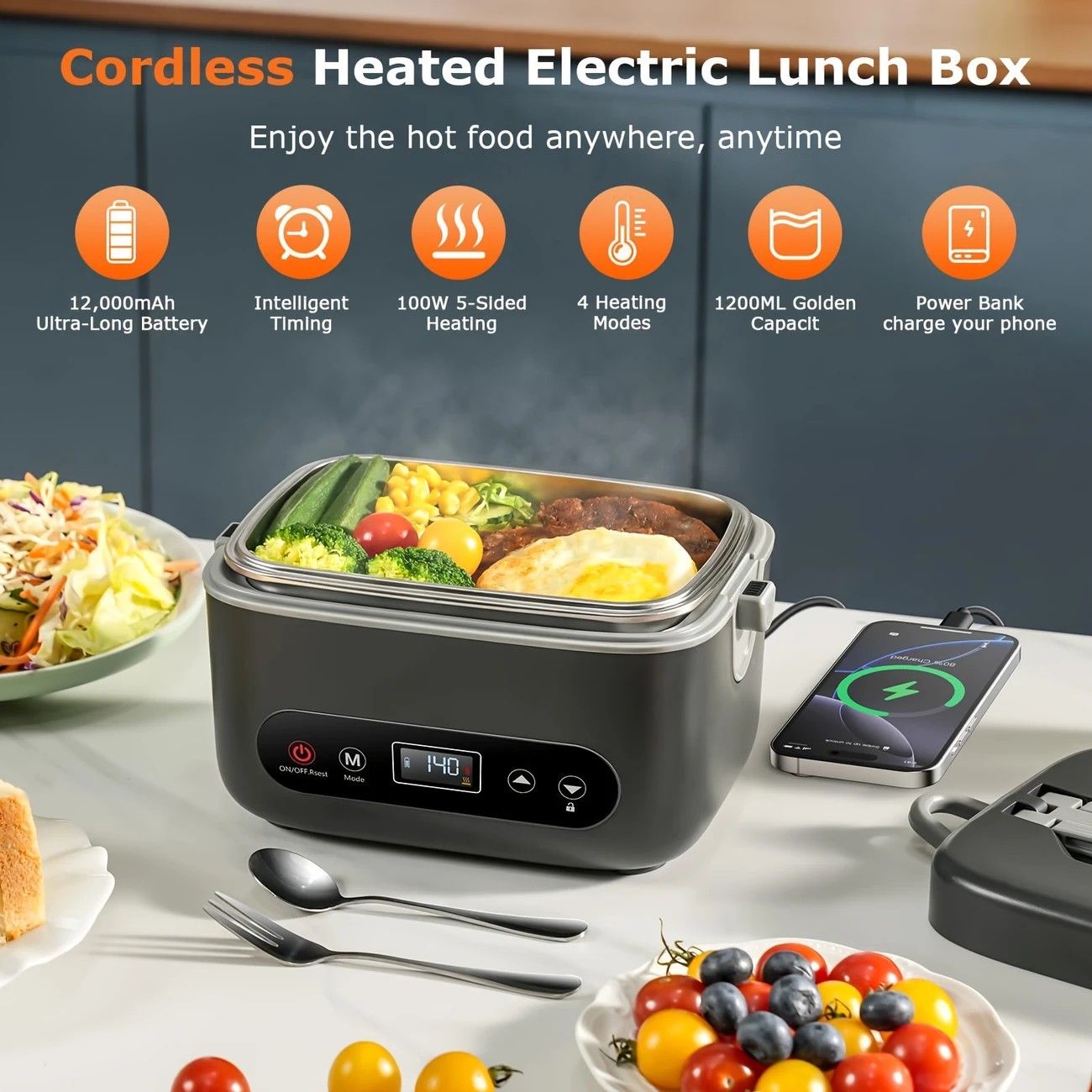 1.2L Electric Lunch Box 12000mAh Portable Food Warmer 5-Sided Heat Auto Temp AU — image 2