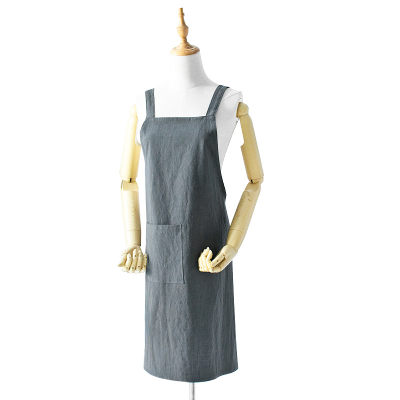 Grey Cotton Linen H-Back Apron - Solid Color Kitchen Cooking Apron with Pocket โ image 3