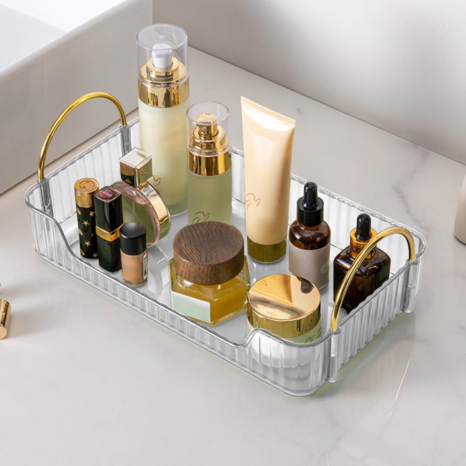 Bathroom Organizer Countertop, Vanity Tray for Skincare Makeup, Counter Organizer, Transparent Ribbon Handle Storage Rack, for Cosmetics, Toiletries, Lotions — image 4