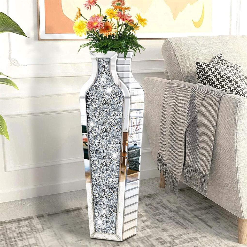Sparkling Crushed Diamond Mirrored Floor Vase Tall Silver Glass Fake Flower Vase — image 2