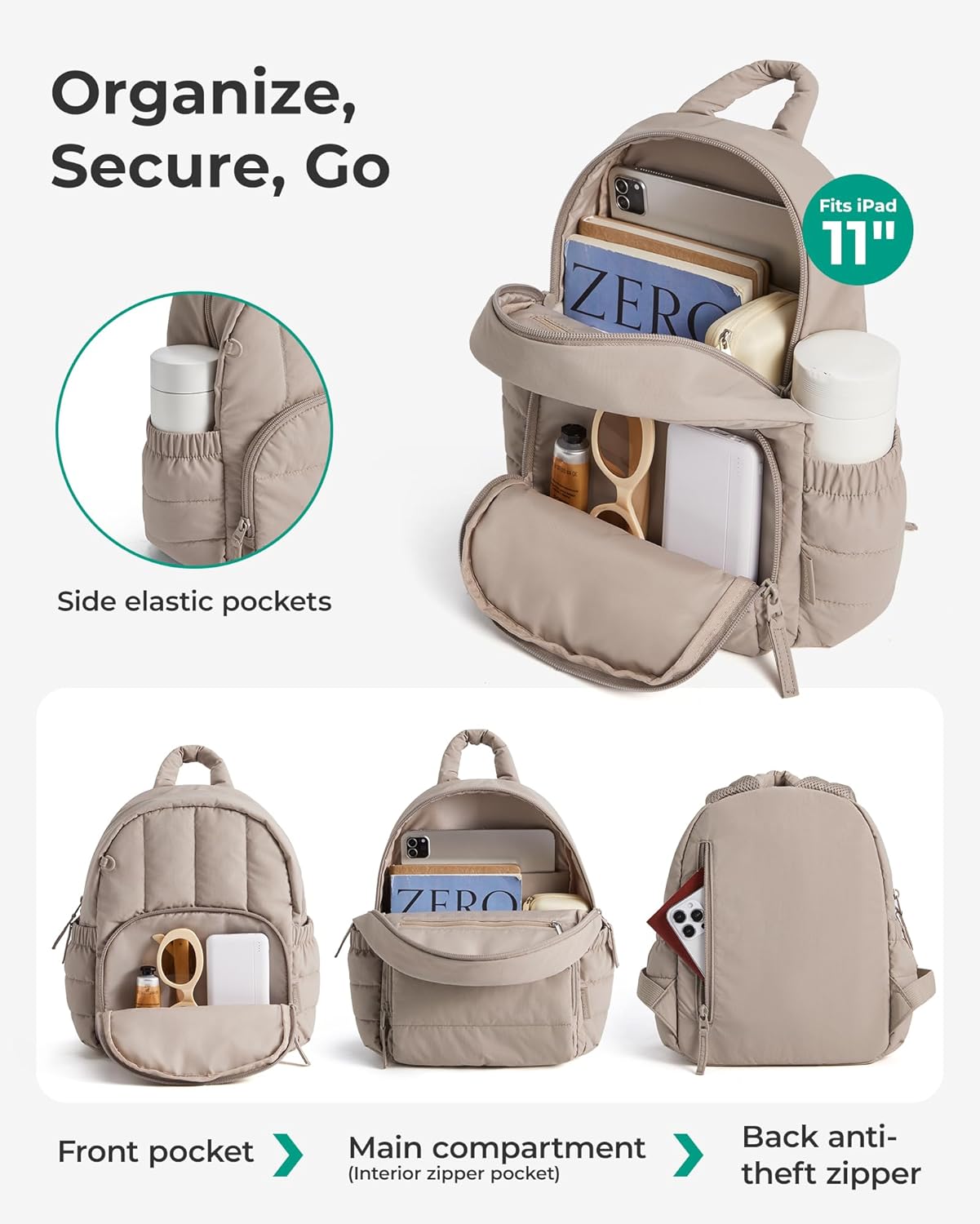 Mini Backpack for Women, Lightweight Puffer Small Backpack Purse, Quilted Casual Travel Daypack, Cute Water-Resistant Bookbag for Daily, Brown — image 3