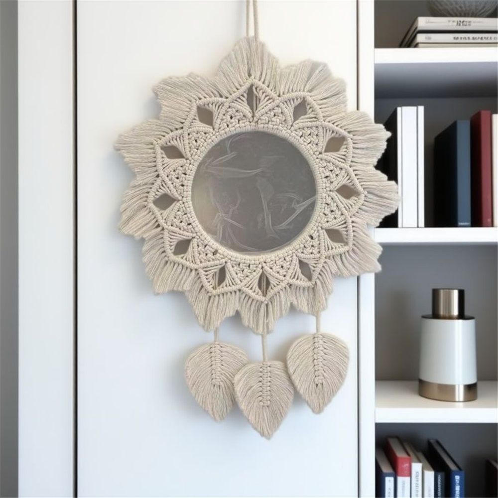 Hanging Wall Macrame Fringe Round Decorative Mirror with Beads Feather Pendant,Art Ornament for Apartment Home Bedroom Living Room — image 2