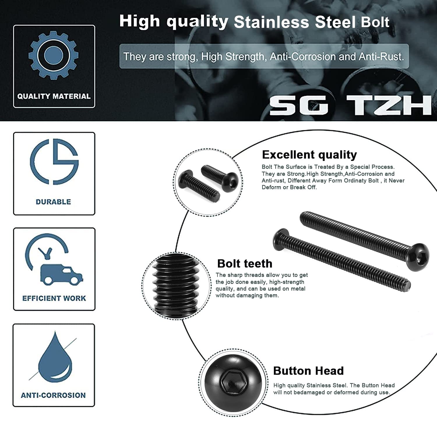 1/4-20 × 1 Button Head Socket Cap Bolts Screws, 20Pcs 304 Stainless Steel 18-8, Allen Hex Drive, Black Oxide by (with Hex Spanner) — image 4