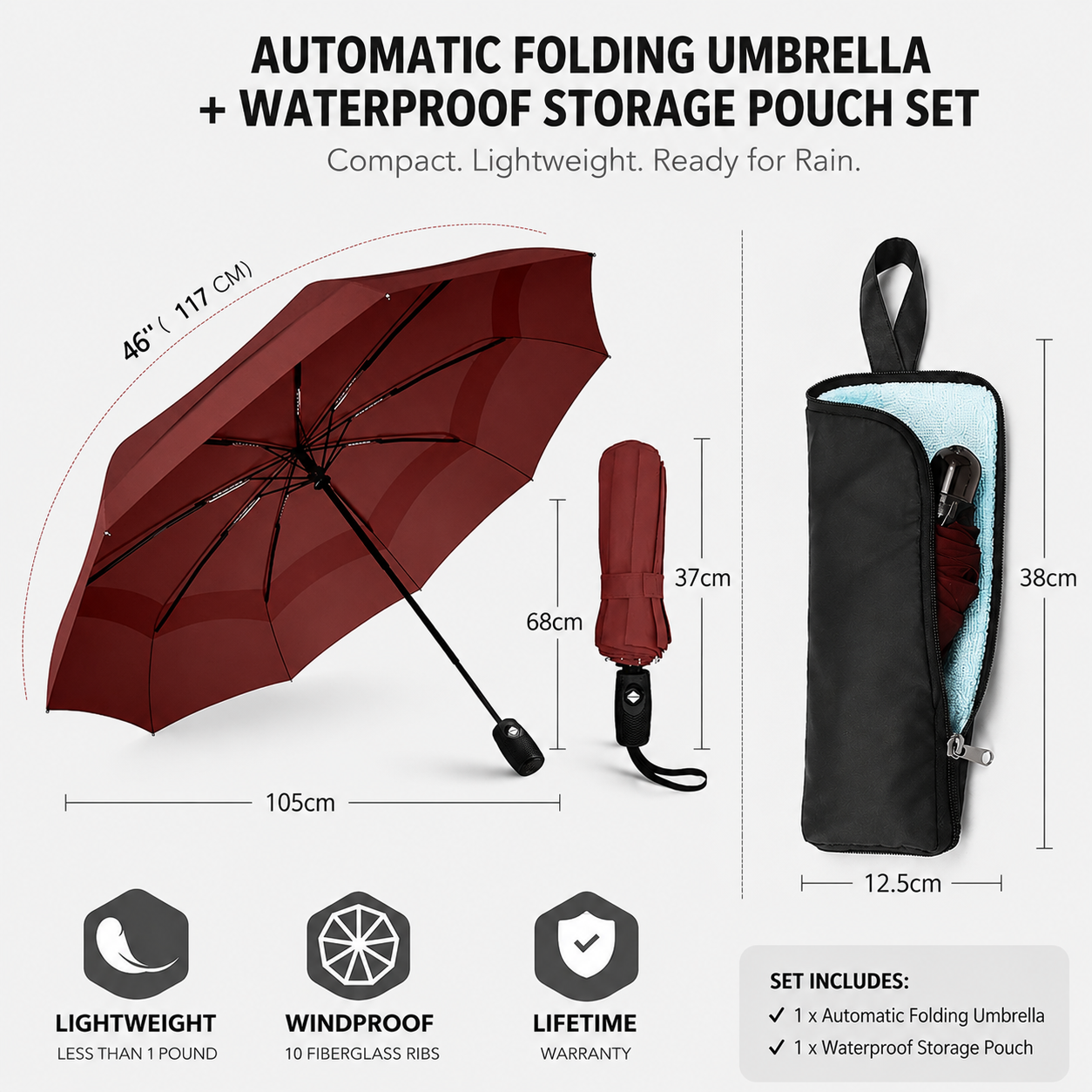 46 inch Wine Red Windproof Automatic Travel Folding Umbrella and Black Absorbent Hanging Storage Pouch Set – Compact 3-Fold Auto Open Close Umbrella wth Double