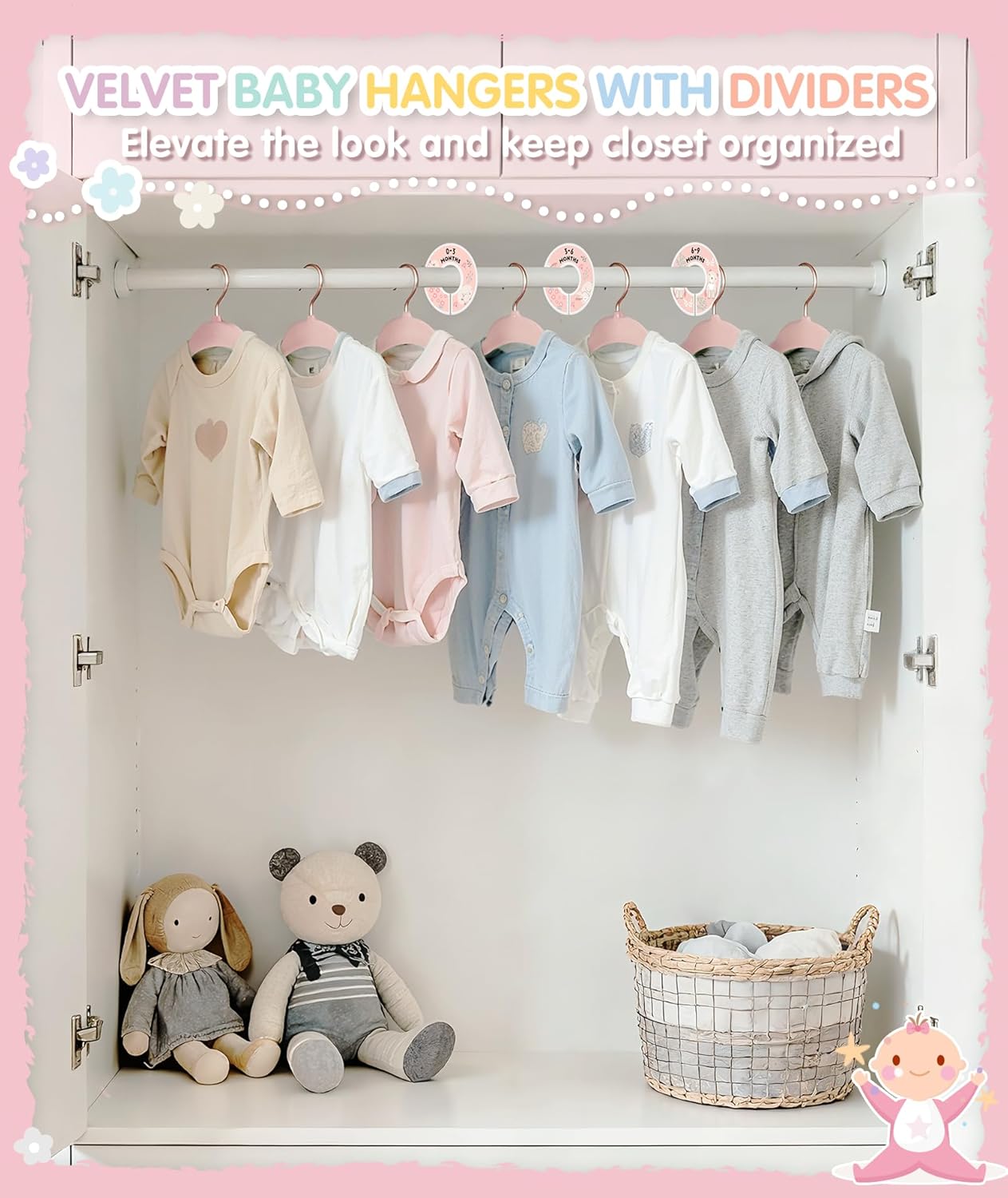 Baby Hangers, 11 Inch Velvet Kids Hangers with 6 Pcs Clothes Size Dividers, Infant Toddler Nursery Closet Organization, Non Slip, Pink, 30 Pcs — image 3