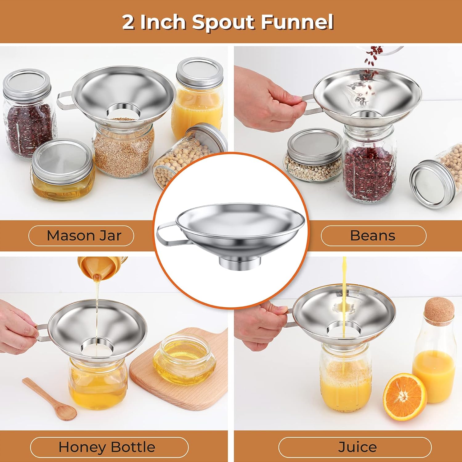 Canning Funnel for Wide Mouth and Regular Mason Jars, Stainless Steel Kitchen Use Funnels with Strainer for Filling Bottles, Metal Funnel Set for Oil Power Jam — image 2