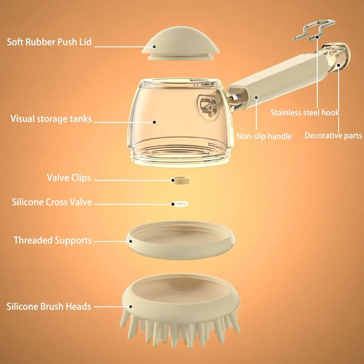 Pet Bath Brush Dog Massage Brush Press to Dispense Liquid Pet Grooming Tools - Beige — image 5