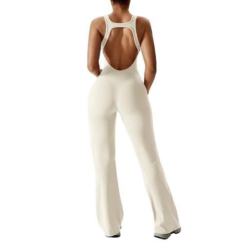 Women's Cut-out Back Flared Jumpsuit, Perfect for Yoga, Gym, Workout and Loungewear, L (beige) — image 6