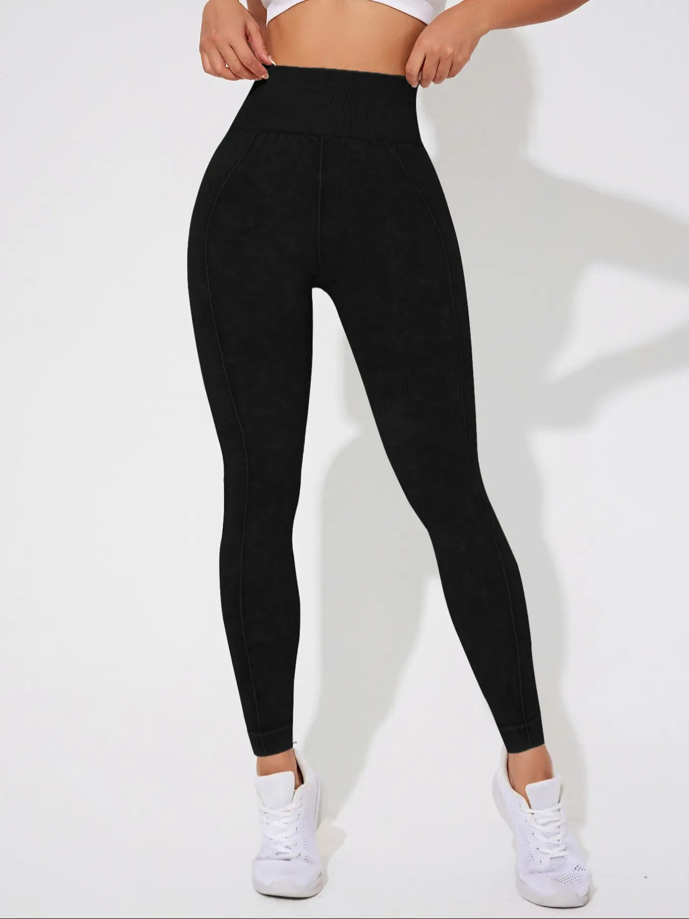Seamless High Waisted Yoga Leggings 2 PCS Solid Black and Sand Washed Blue Size XL Moisture Wicking Activewear — image 2