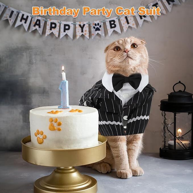 pet products Dog Cat Tuxedo Suit with Bow Tie - Formal Black & White Striped Pet Costume Shirt, Elegant Wedding Outfit Birthday Party Attire for Maltese โ image 2