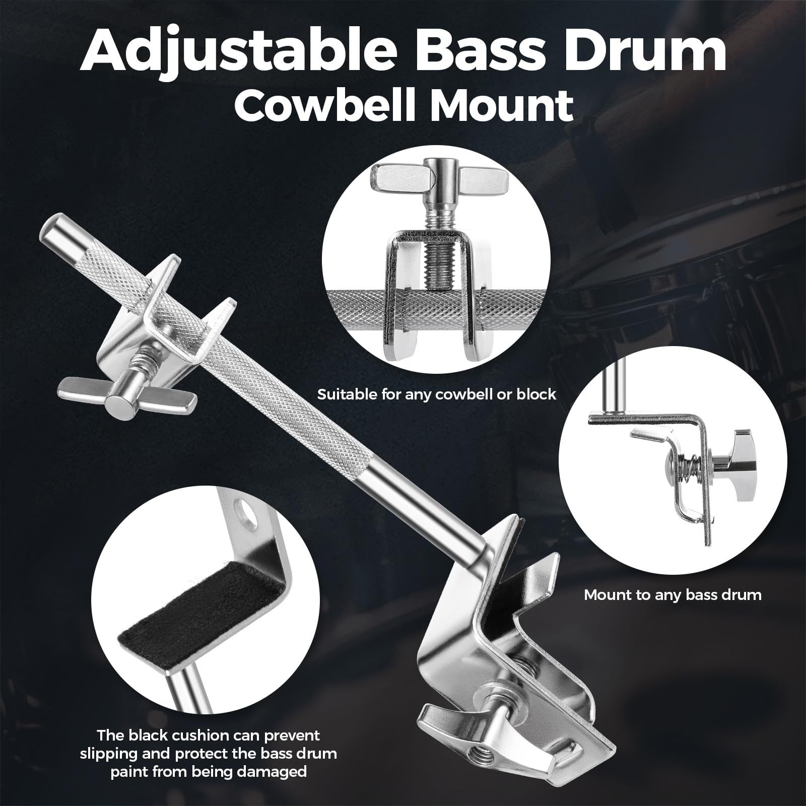 Pearl Bass Drum Hoop Mount Cowbell Holder with Non-Finish Marring Clamping Jaws and Height-Adjustable Cowbell and Percussion Accessory Clamp — image 4