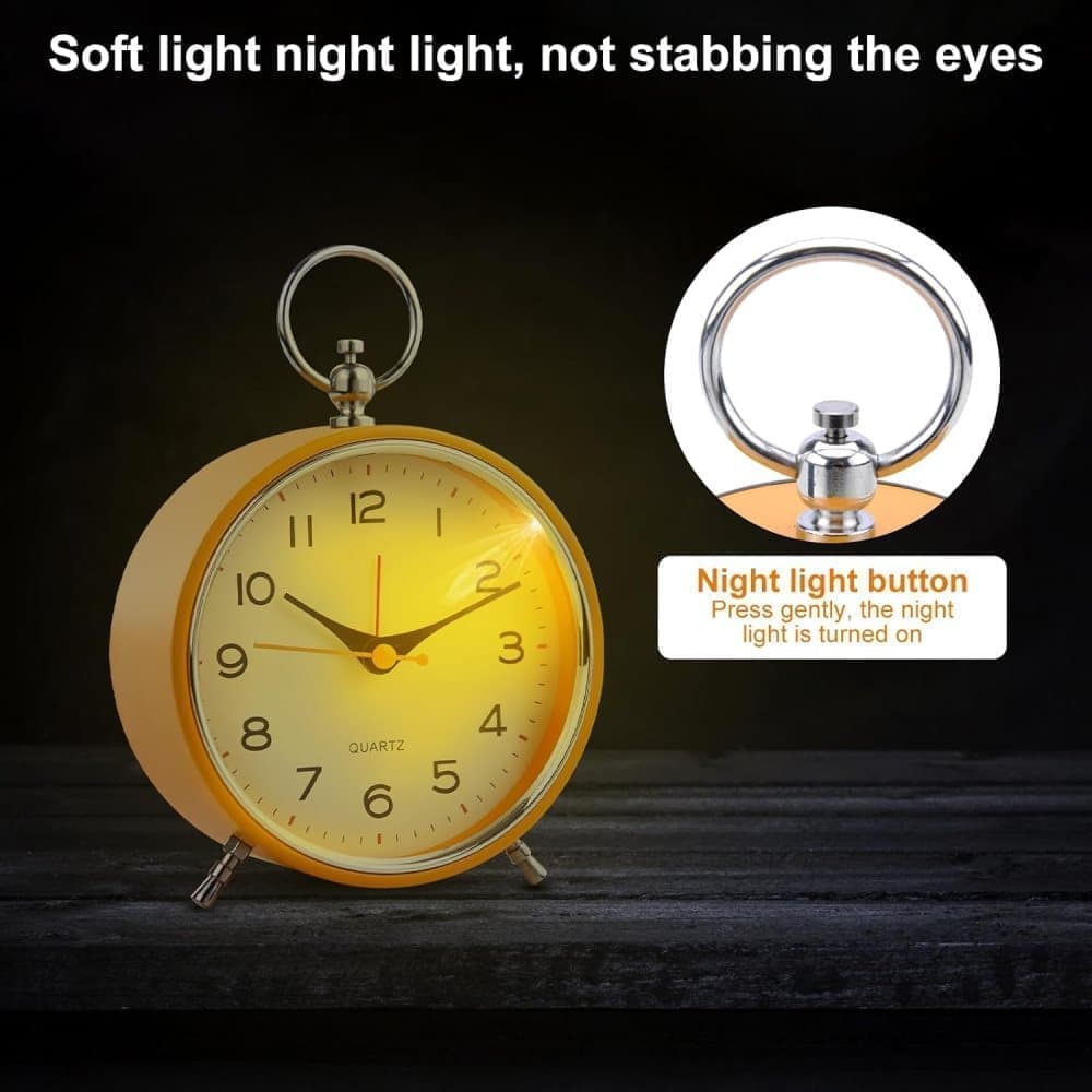 Silent Analog Alarm Clock with Snooze Button, Retro Design and Lighting, 16x11 cm, Orange — image 4