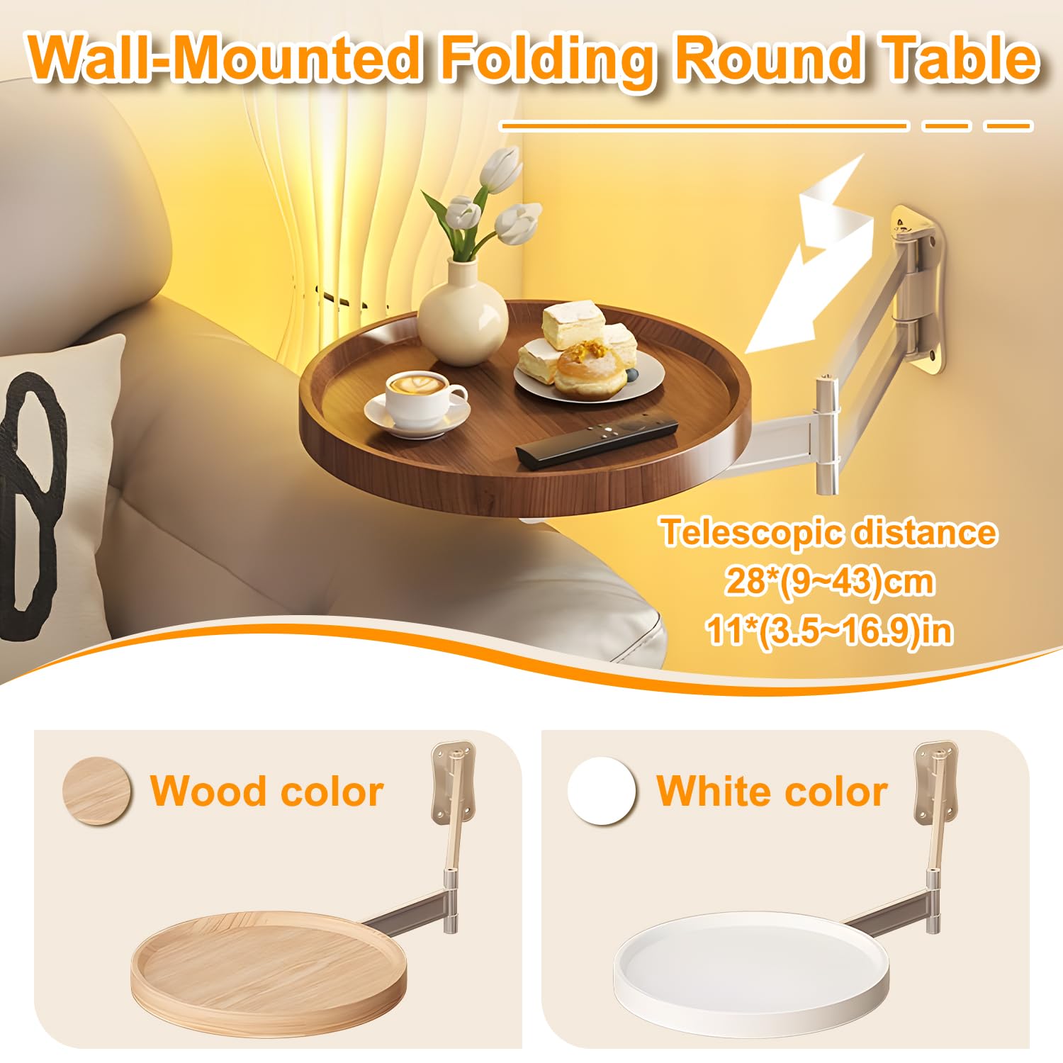 Wall-Mounted Foldable Round Table – Telescopic Adjustable Bedside Desk with Aluminum Alloy Support, Multi-Use Floating Table for Bedroom, Living Room, Balcony — image 3