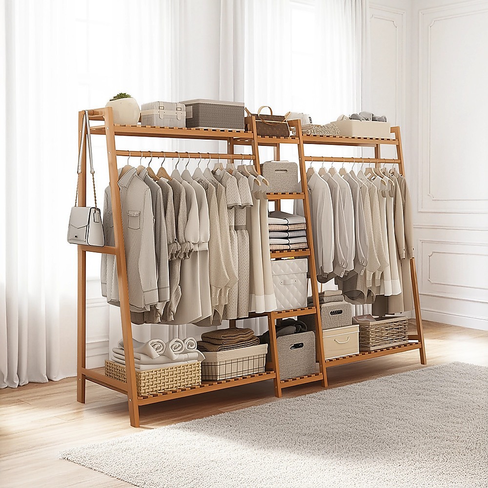 Portable Clothes Rack Coat Garment Stand Bamboo Rail Hanger Airer Closet โ image 2