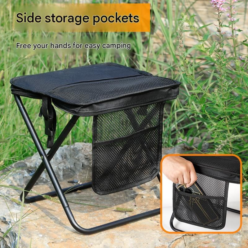 Green Portable foldable stool with a crossbody strap - High Carbon Steel Frame and Oxford Fabric Outdoor Camping Chair with Mesh Storage Pocket - Lightweight โ image 3