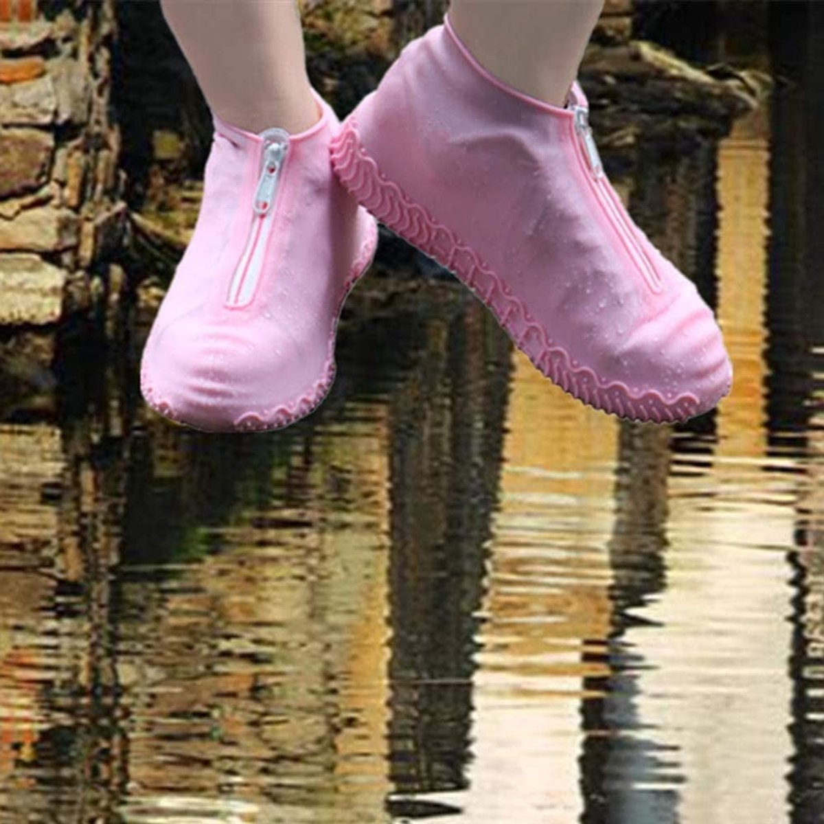 Waterproof shoe covers - reusable, foldable, non-slip rain shoe covers - with zipper - unisex - pink, size L — image 4
