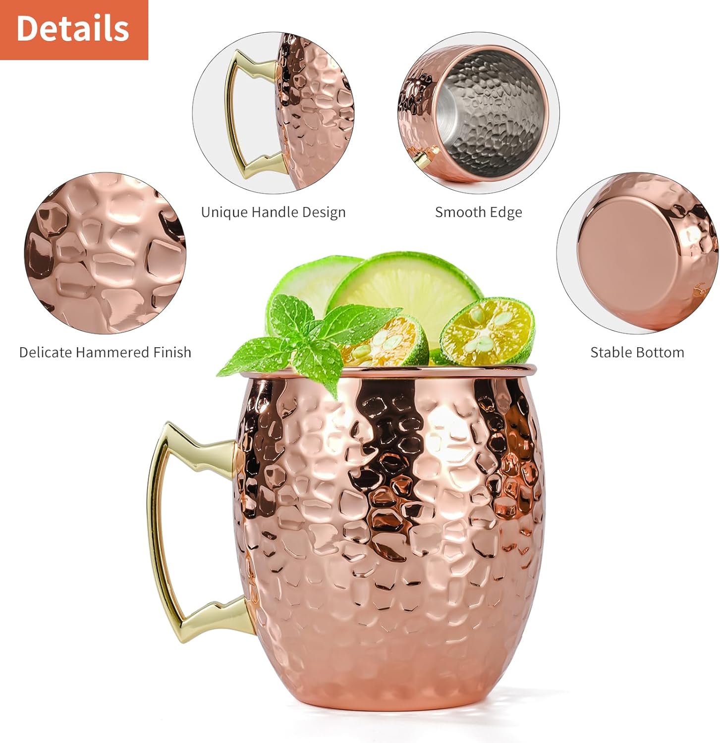 Moscow Mule Mugs Set of 4, 16 OZ Hammered Copper Cups with 304 Stainless Steel Lining and Gold Brass Handles, for Cold Drinks, Beer, Wine, Bars, Parties โ image 4