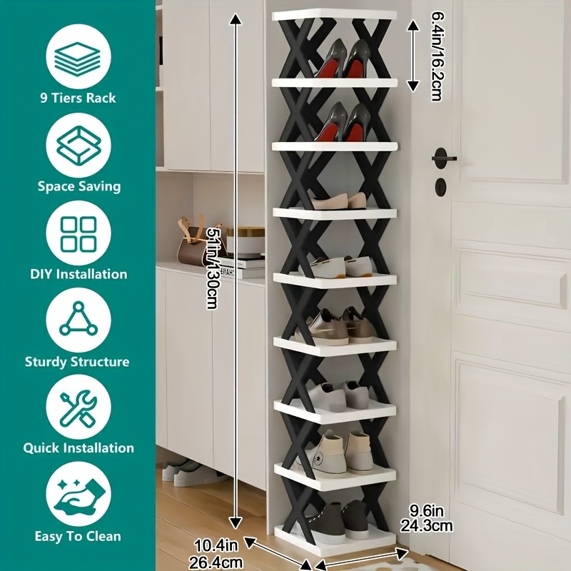 9-Tier Foldable White/Black Shoe Rack, space-saving vertical design for entry halls, living rooms, bedrooms, closets, balconies—an essential organizing storage — image 6