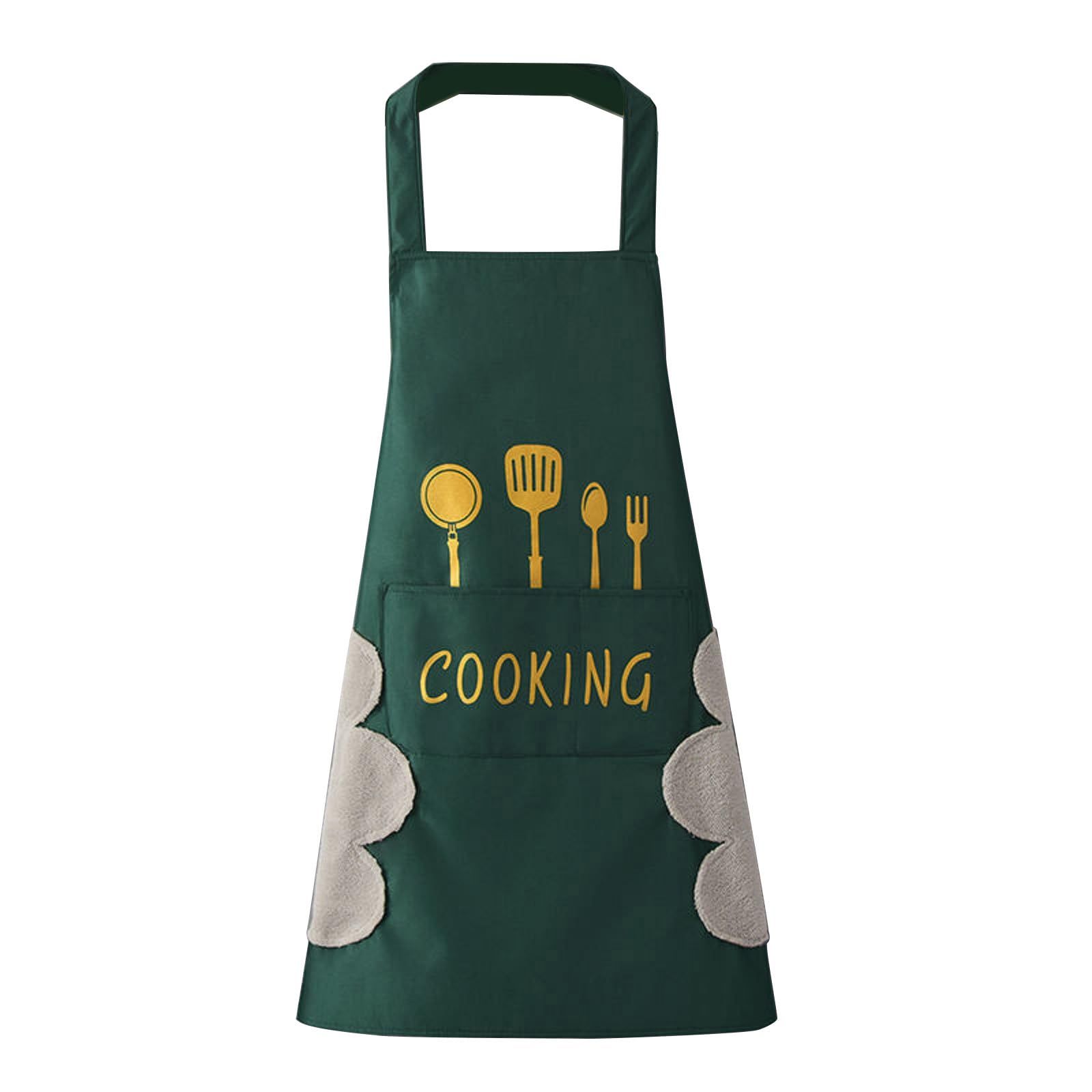 Women Kitchen Apron with Hand Wipe Pockets，Big Pocket, Hand-wiping, Waterproof for Cooking Baking （blackish green）