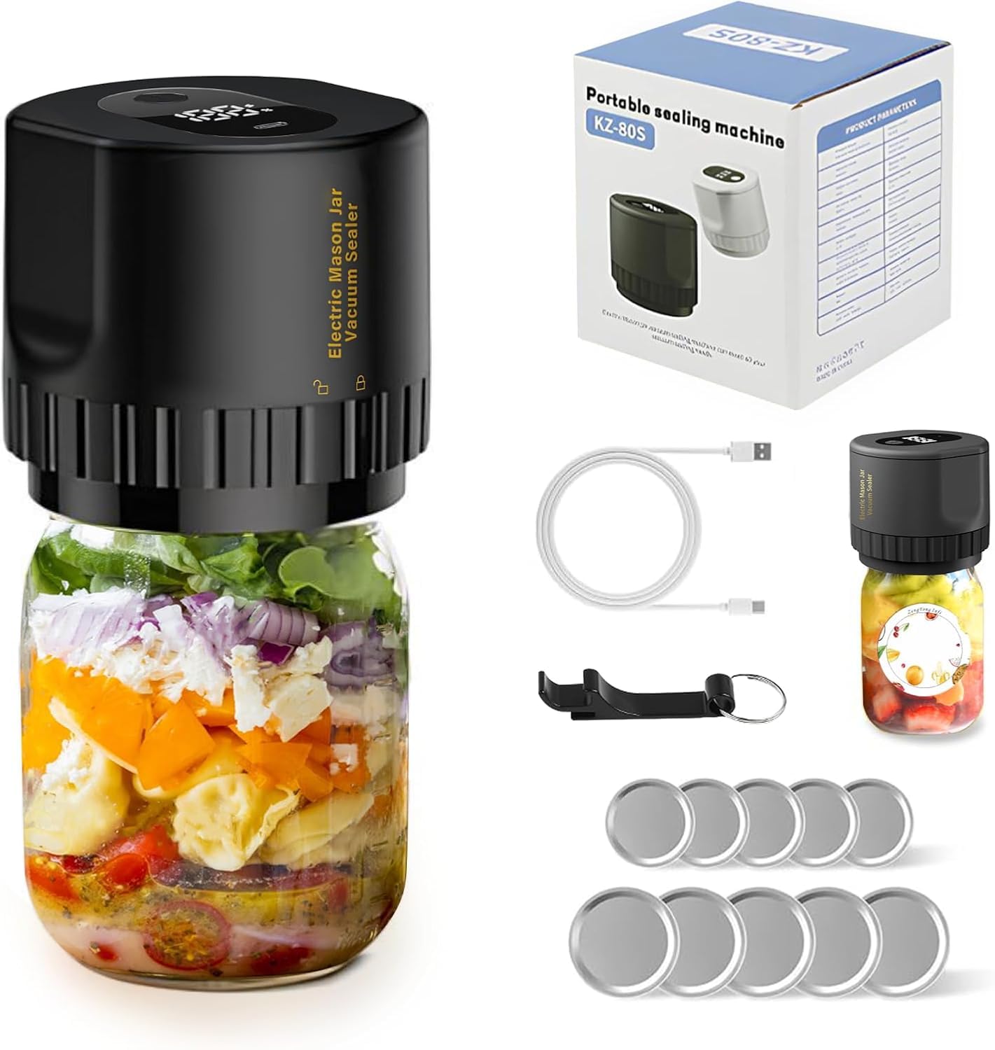 Black Electric Mason Jar Vacuum Sealer Kit โ Portable Automatic Vacuum Sealing Machine with 80kPa Suction & Reusable Lids for Wide & Regular Mouth Jars