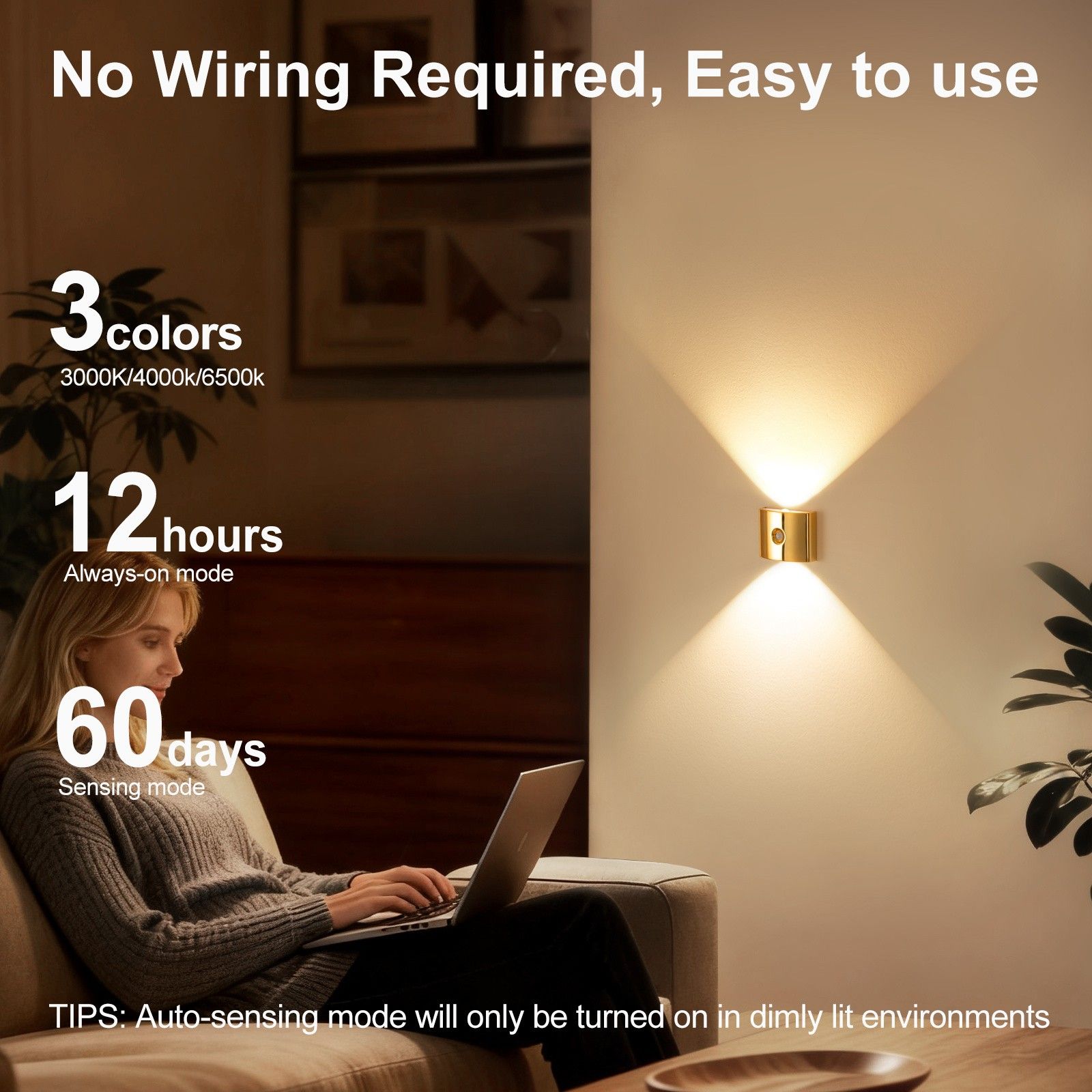 1PCS Induction wall lamp with three-color stepless dimming, 120° auto shut-off, USB rechargeable magnetic installation. Smart motion-sensing LED wall lamp — image 2