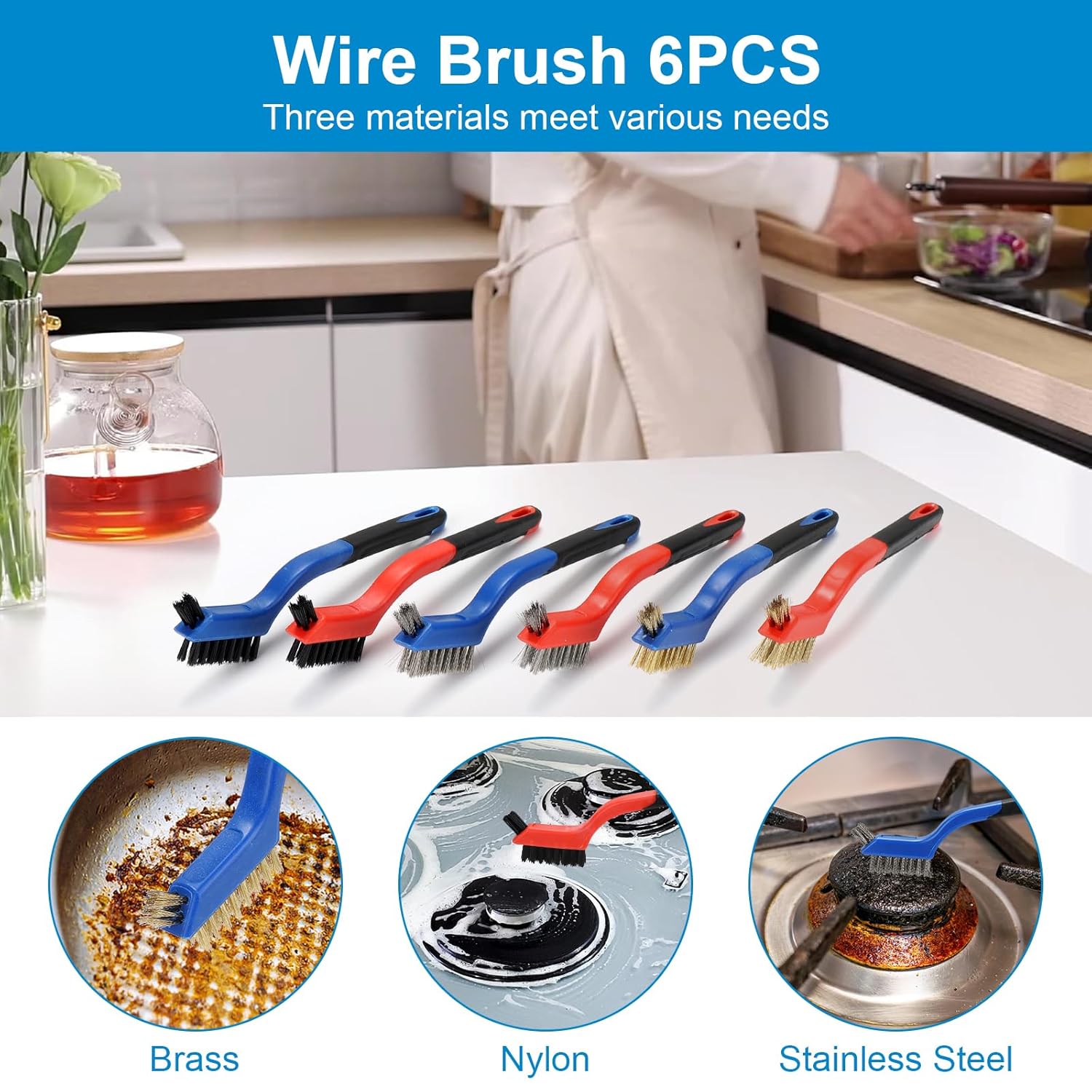 Wire Brush Set 6Pcs, Multi-Purpose Stainless Steel/ Brass/ Nylon Bristle with Curved Handle Grip for Welding Slag Cleaning, Metal Rust Scratching, Paint — image 5