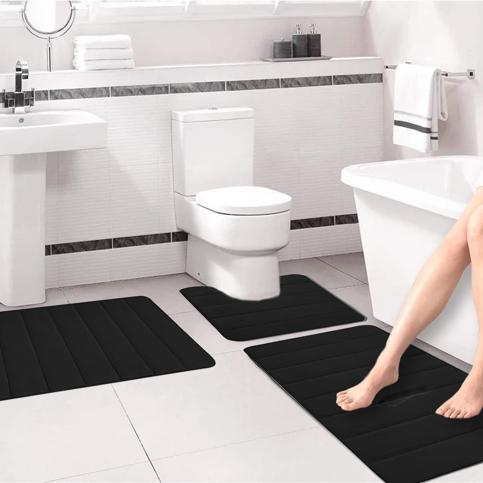 Memory Foam Toilet Rug, Non-Slip Bathroom Rugs, Toilet Rugs U Shaped Washable, Commode Contour Rug, Soft Comfortable Super Water Absorption #3_Black — image 4