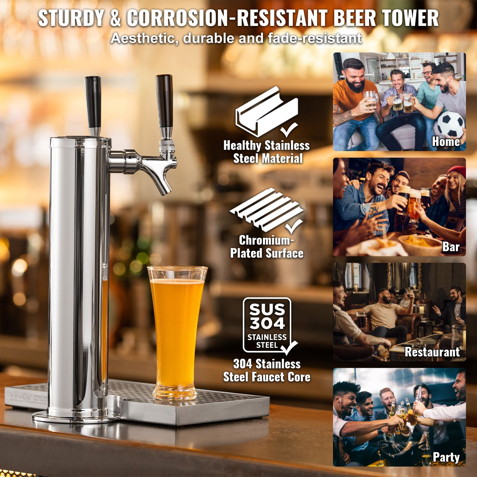 Dual Taps Draft Beer Tower Dispenser, Stainless Steel Keg Beer Tower, Kegerator Tower Kit with Pre-Assembled Tubing and Self-Closing Faucet Shanks for Party — image 5