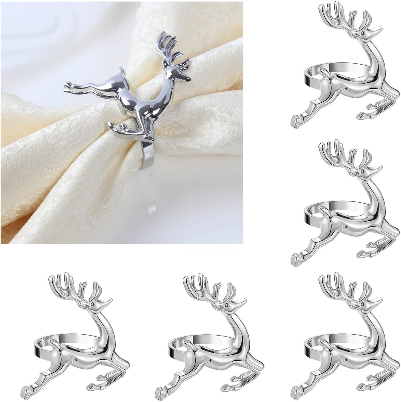 Silver Deer Napkin Rings - Set of 6 Napkin Rings for Dinner Party Holiday Christmas Thanksgiving Easter