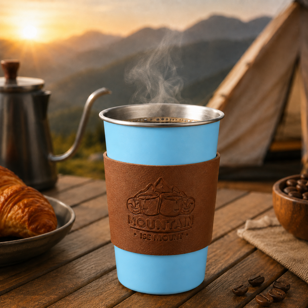 Blue 304 Stainless Steel Camping Coffee Cup with Leather Sleeve – 500ml Portable Outdoor Drinking Cup, Beer Cup, Travel Mug for Camping, Hiking, Picnic and — image 2