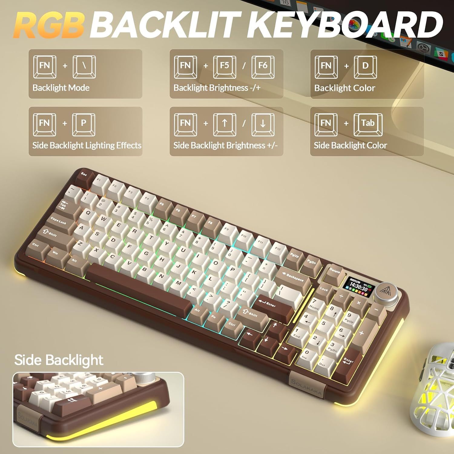 Solakaka A99PRO 3‑Mode RGB Mechanical Keyboard, Milk-Coffee-Brown — image 3