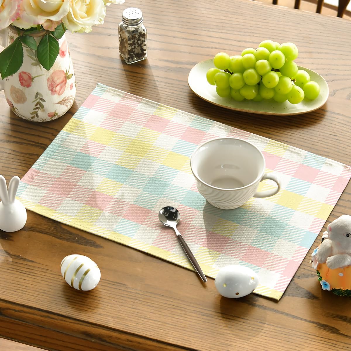 Blue Pink Yellow Buffalo Plaid Placemats Set of 4, 12x18 Inch Seasonal Easter Table Mats for Party Kitchen Dining Decoration — image 3