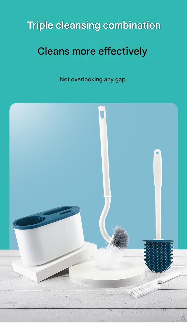 Blue Toilet Brush Set with Holder - 3-in-1 Wall Mounted Bathroom Cleaning Kit, TPR Soft Bristle & 360° Globe Brush, No-Drill Adhesive Base, Space Saving Design — image 3