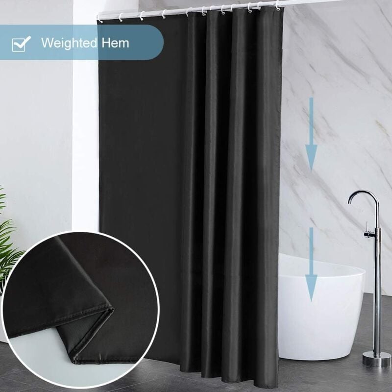 Waterproof Shower Curtain with Hooks - Anti-Mildew Washable Polyester Fabric - Black Bathroom Curtain 100 × 180cm — image 3