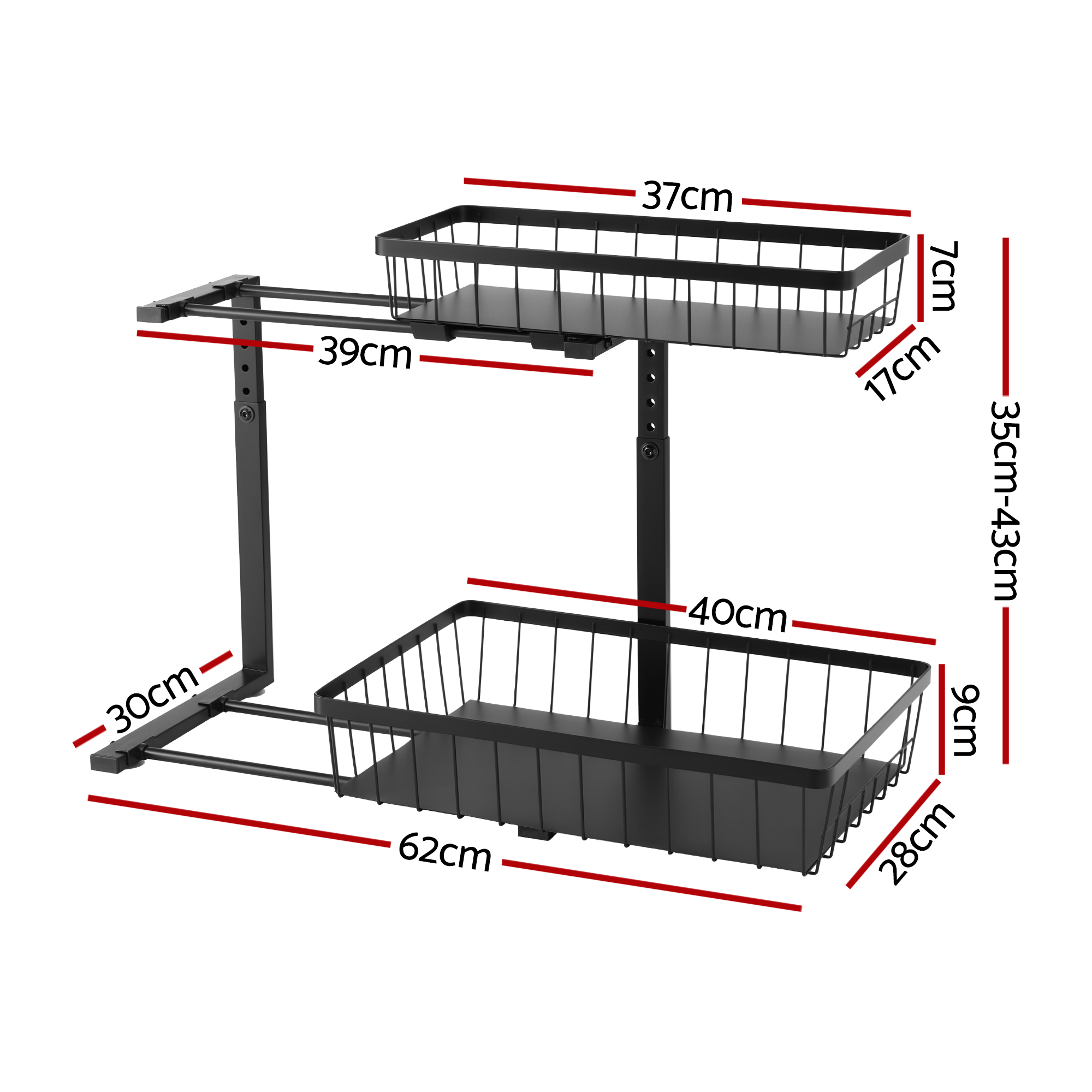Artiss Under Sink Organizer Storage with 2 Slide Out Drawers 5 Adjustable Height Bathroom Kitchen Cabinet Black โ image 2