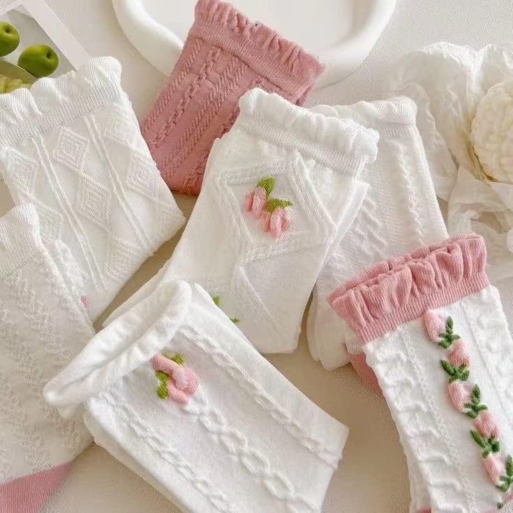 5 Pairs White Cute Socks, Women's Lace Ruffles Ankle Casual Sock, Cottagecore Breathable Mid Tube Socks, Floral Crew Socks — image 6