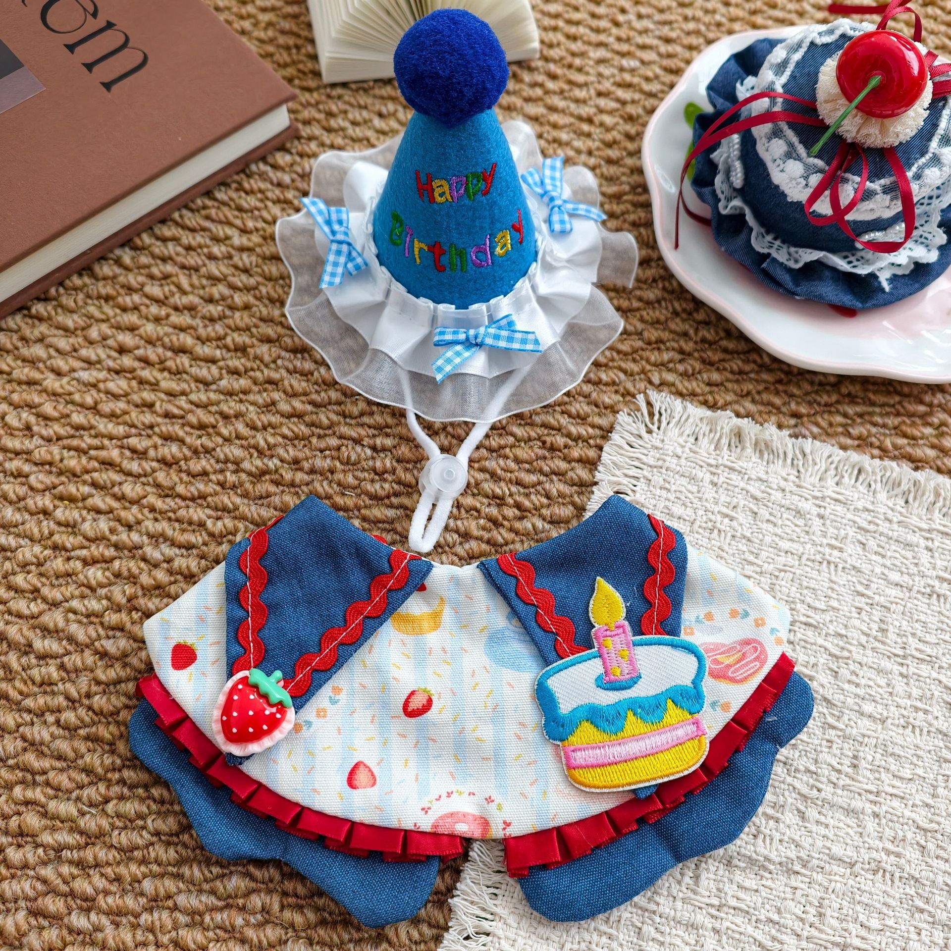 Size M Blue Pet Birthday Party Supplies Strawberry Cake Bib and Hat Set Cat Dog Costume Photo Shoot Outfit — image 3
