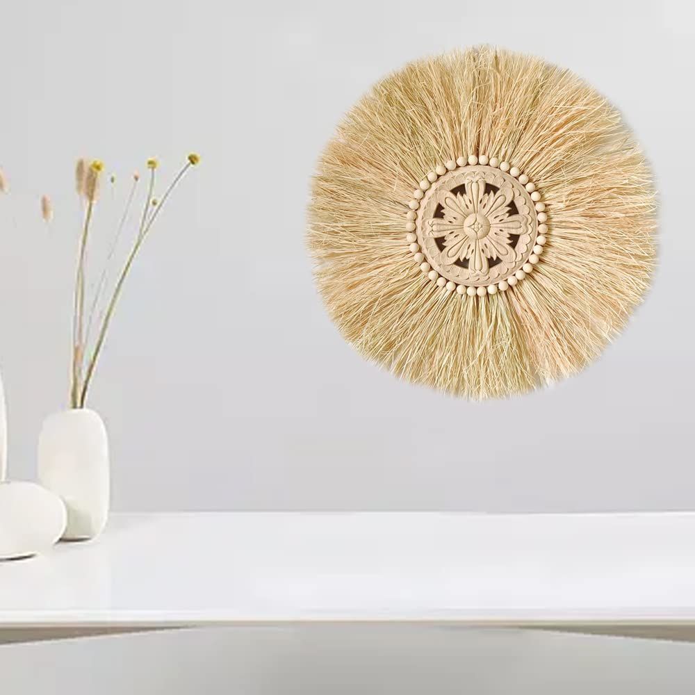 Boho Handmade Woven Straw Wall Decor Moroccan Wood Beads Wall Hanging Ornament Round Home Decoration for Living Room β image 2