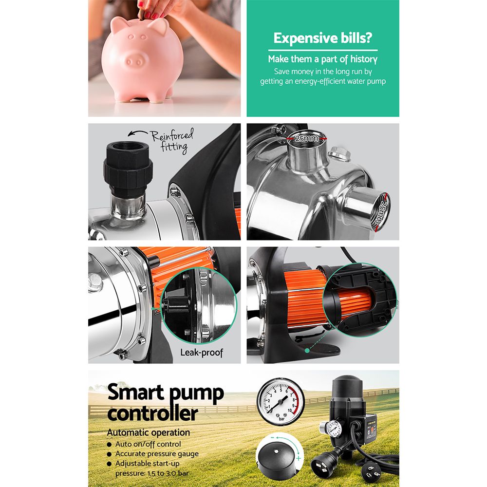 Giantz Garden Water Pump High Pressure 800W Max. Tank Rain Farm Irrigation House Black โ image 6