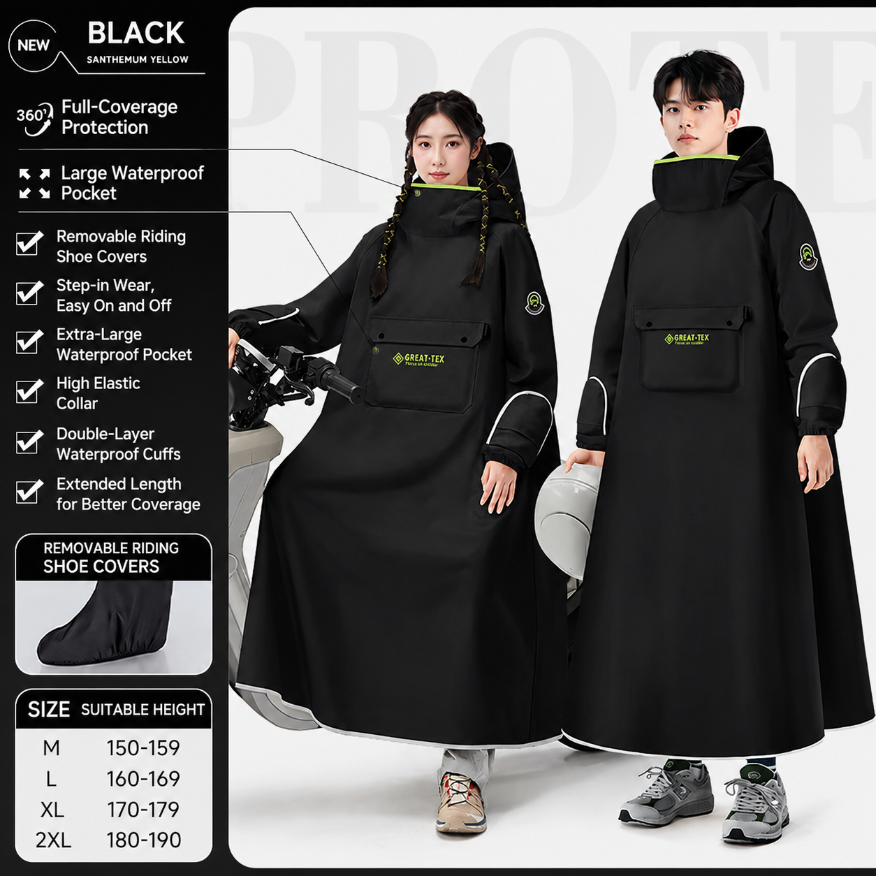 Black Full Coverage & Extended Cycling Hooded Rain Poncho with Detachable Shoe Covers, M Size – Thickened Waterproof Oxford Motorcycle Raincoat with